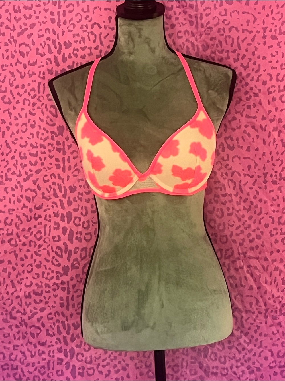 Neon Pink and Cream Patterned Push-Up Bra